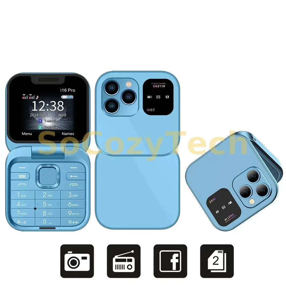 SERVO i16PRO 2G GSM Dual SIM Flip Mini Mobile Phone Auto Call Record Speed Dial Magic Voice FM Radio Small Fold Telephone Type-C Socosytech