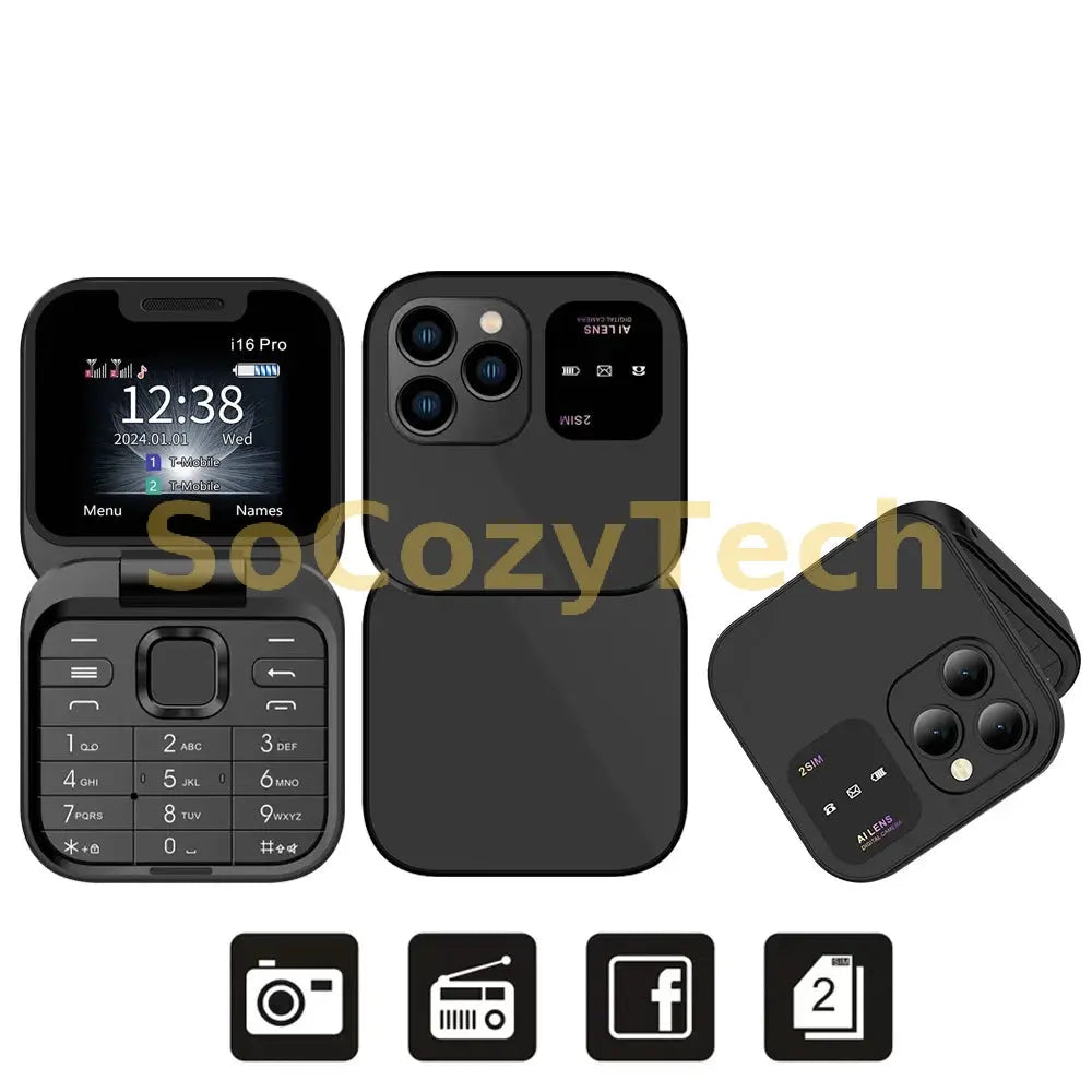 SERVO i16PRO 2G GSM Dual SIM Flip Mini Mobile Phone Auto Call Record Speed Dial Magic Voice FM Radio Small Fold Telephone Type-C Socosytech