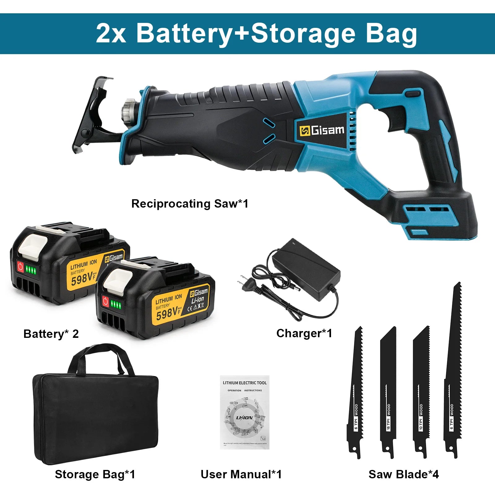 Scie Sabre 3000W 10 000SPM – Compatible Makita 18V – 1 ou 2 Batteries – Gisam
