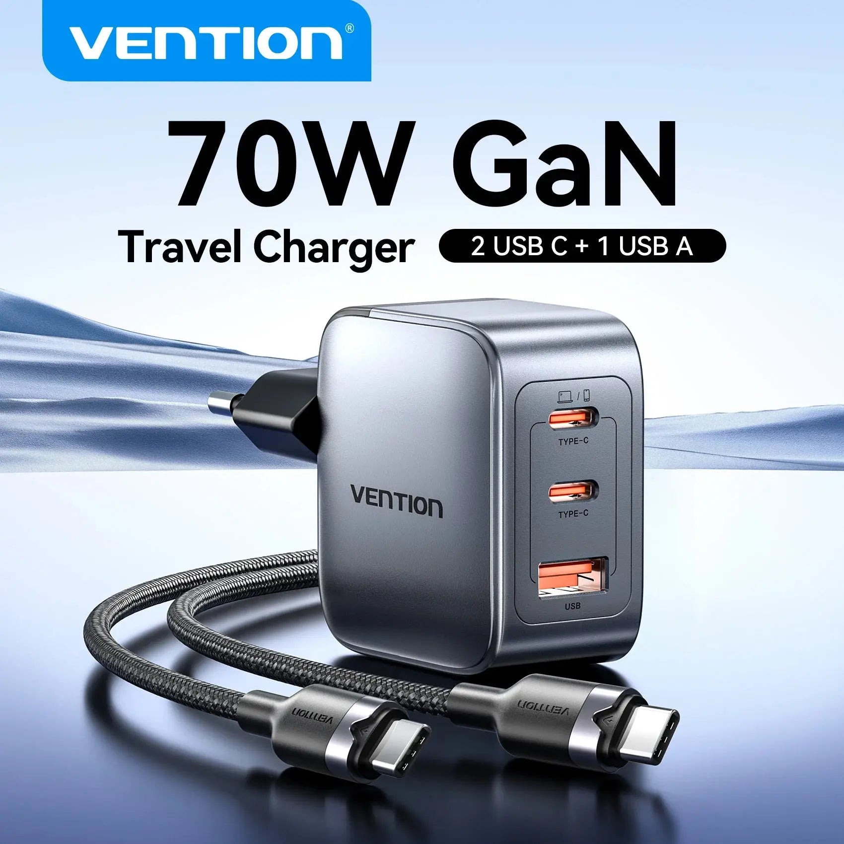 Chargeur GaN 70W Triple Port USB-C / USB-A–Vention Socosytech