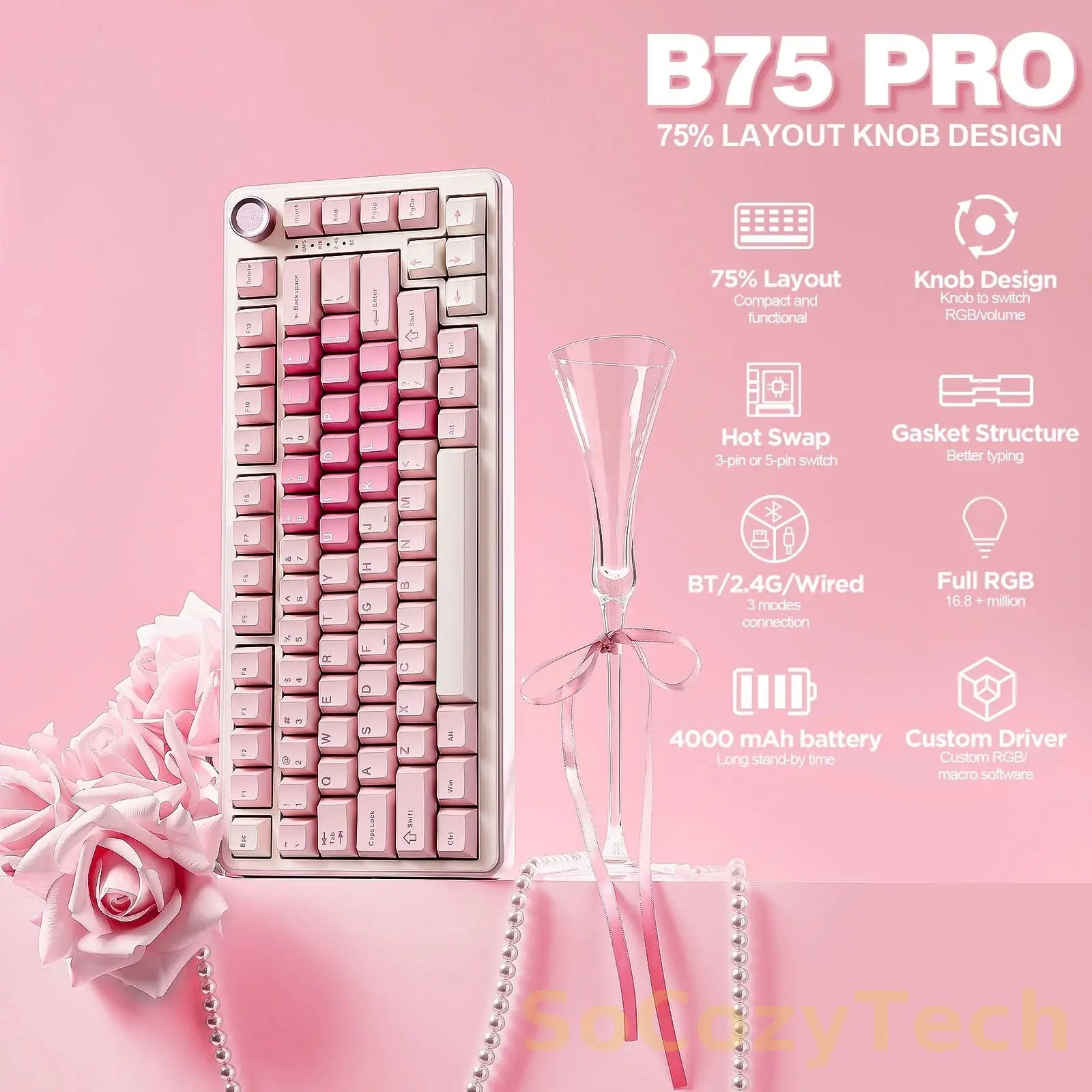 YUNZII B75 PRO – Clavier Mécanique Gaming 75% RGB Sans-Fil/USB, Knob Multimédia, Hot-Swap PBT Socosytech