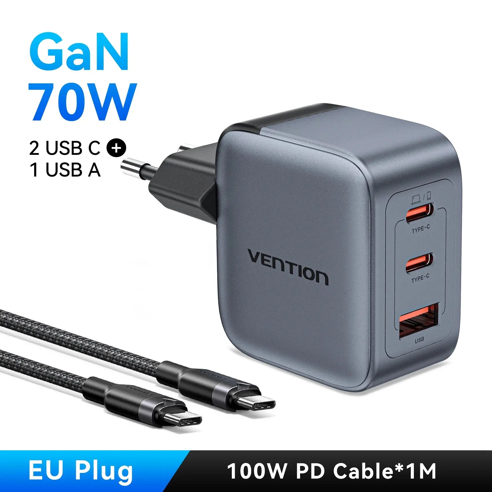 Chargeur GaN 70W Triple Port USB-C / USB-A–Vention Socosytech