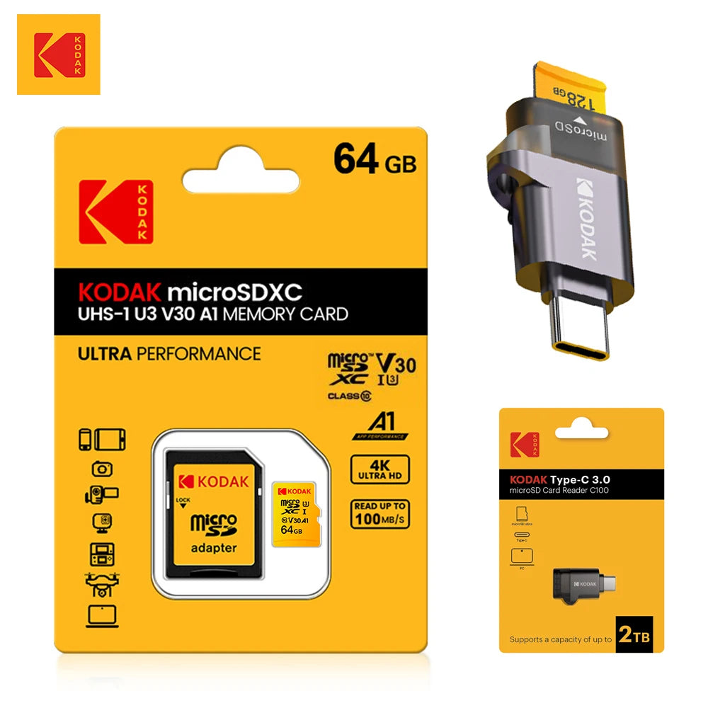 Carte Micro SD Haute Vitesse U3 V30 – 32GB à 256GB + Adaptateur – Kodak