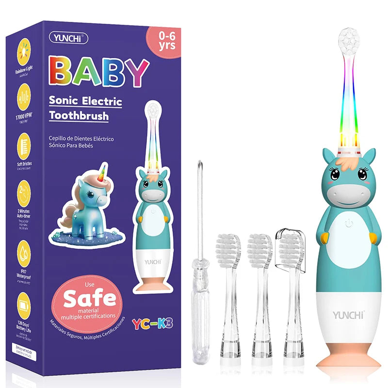 Toddler Sonic Electric Toothbrush for Baby with Cute Unicorn Cover and Smart LED Timer Soft Microfiber Bristles 4 Brush Heads Socosytech