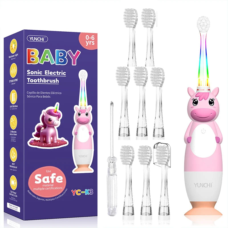 Toddler Sonic Electric Toothbrush for Baby with Cute Unicorn Cover and Smart LED Timer Soft Microfiber Bristles 4 Brush Heads Socosytech