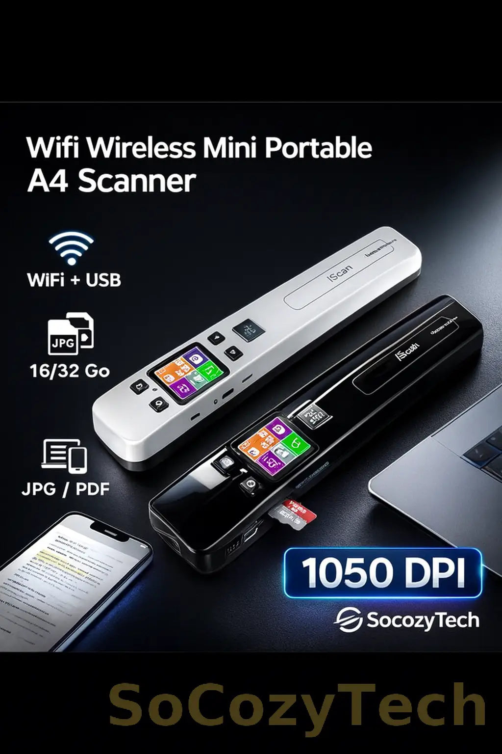 Scanner Portable A4 WiFi – 1050 DPI, JPG/PDF, 16/32 Go Socosytech