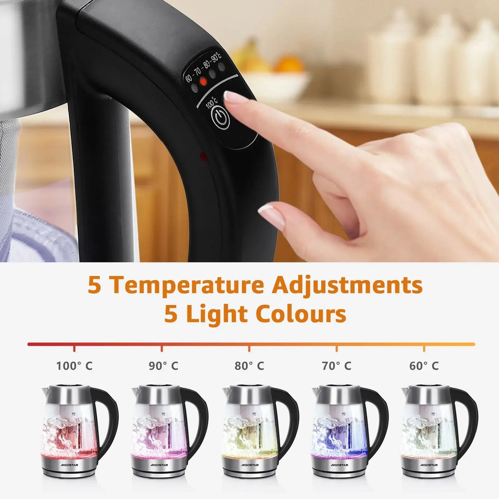 Bouilloire Électrique Aigostar 1.7L–Verre Borosilicate, Infuseur Thé, 5 Températures, 2200W (Aigostar) Socosytech