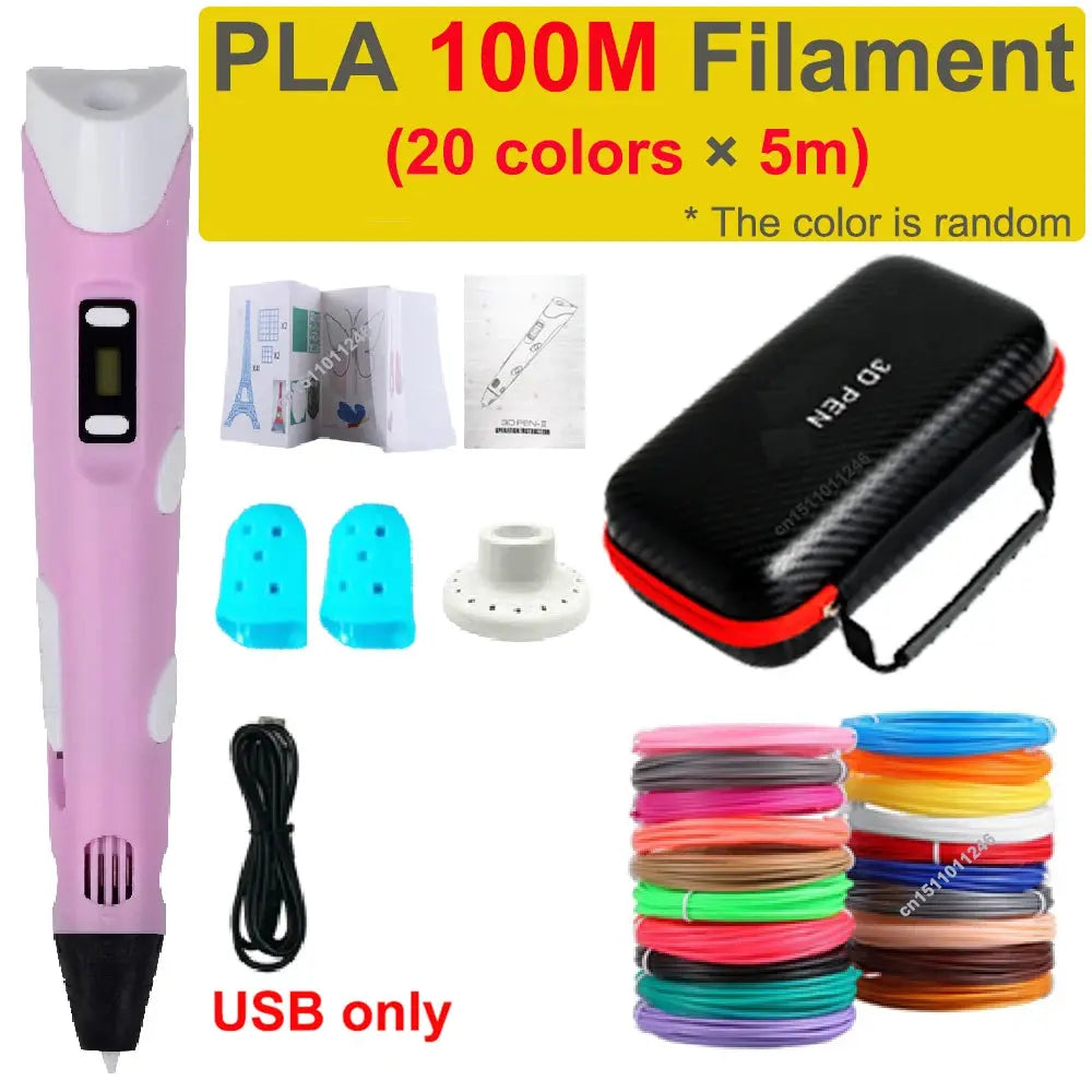 Stylo 3D + Kit Filaments PLA – Enfants & Créatifs – 100M/120M – USB/EU – YunlinLi (voir option ci dessous) - Socosytech
