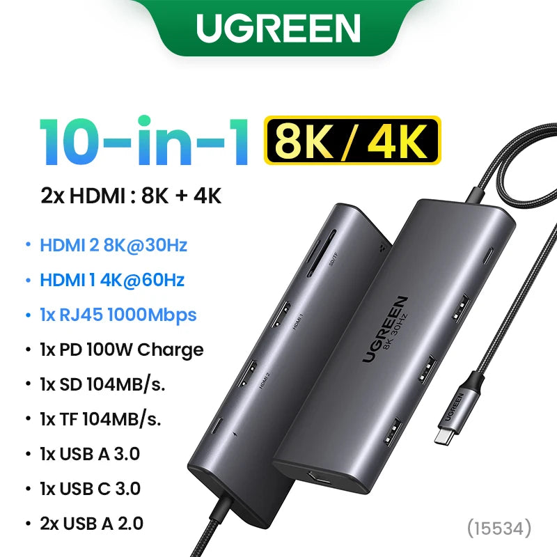UGREEN Hub USB-C 5–13-en-1 – HDMI 8K / RJ45 10Gbps / USB 3.0 / PD 100W
