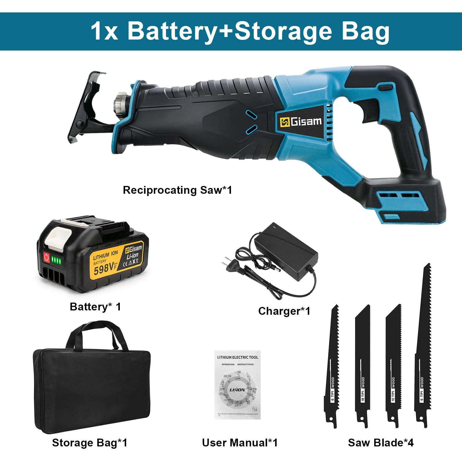 Scie Sabre 3000W 10 000SPM – Compatible Makita 18V – 1 ou 2 Batteries – Gisam