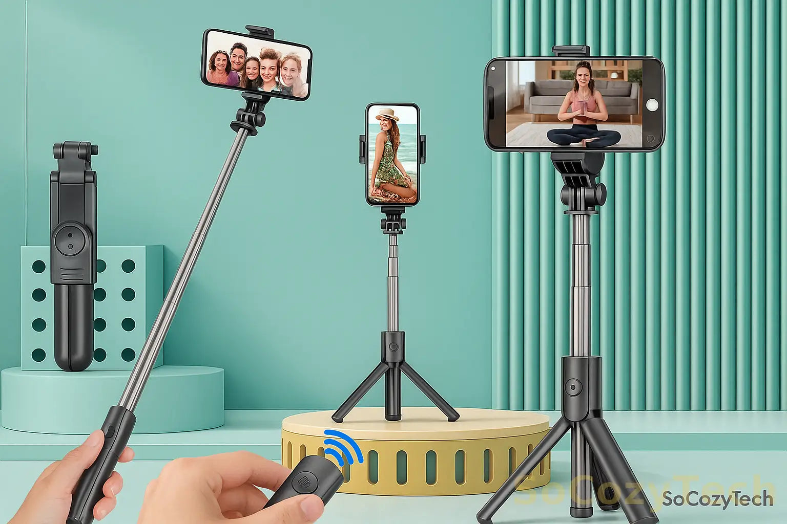 Selfie Stick Tripod with Detachable Bluetooth Remote, 360° Rotation,Extendable Pole, Fill Light Option, for iPhone Android Phone Socosytech