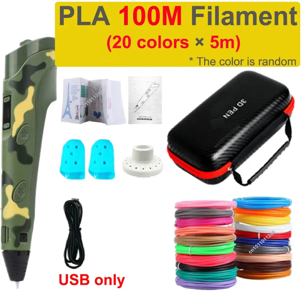 Stylo 3D + Kit Filaments PLA – Enfants & Créatifs – 100M/120M – USB/EU – YunlinLi (voir option ci dessous) - Socosytech