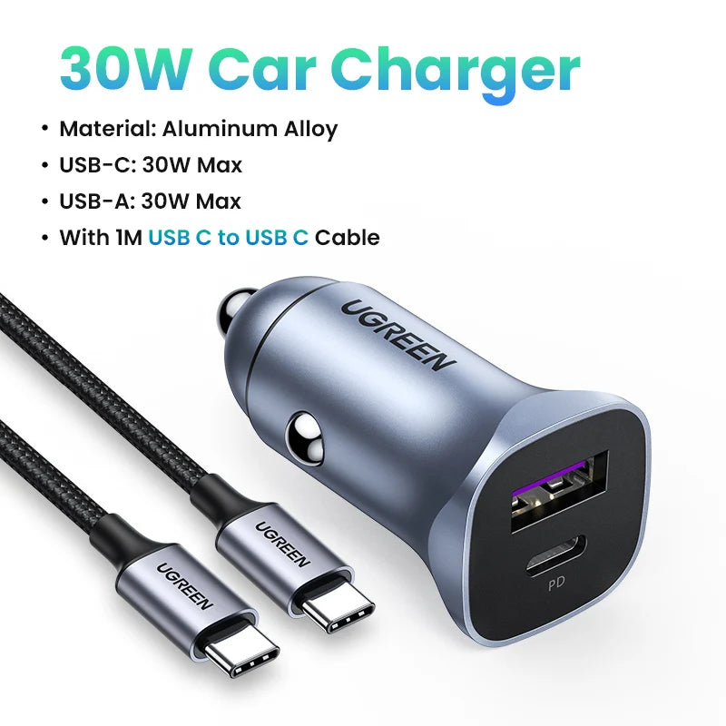 Chargeur voiture USB-C 30W – Charge rapide PD/QC – UGREEN