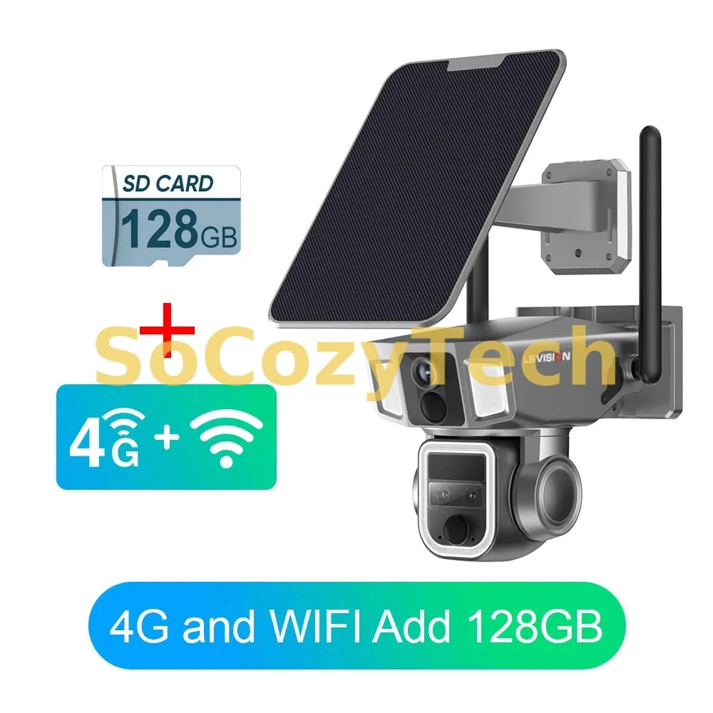SolarVision Pro™ — Caméra Solaire PTZ 4G & WiFi (32 Go à 128 Go) | Zoom 10x | Vision Nocturne 6K | Détection Humaine AI SoCozyTech