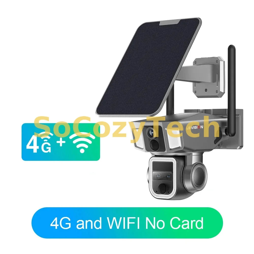 SolarVision Pro™ — Caméra Solaire PTZ 4G & WiFi (32 Go à 128 Go) | Zoom 10x | Vision Nocturne 6K | Détection Humaine AI SoCozyTech