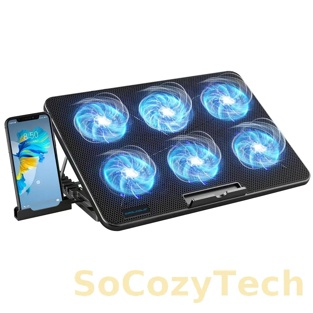 Support Refroidisseur PC 6 Ventilos – 7 Niveaux + Double USB & Support Smartphone Socosytech