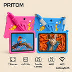 Tablette enfant Android 7 pouces PRITOM K7 avec coque antichoc renforcée, lanière de transport sécurisée, écran IPS, WiFi et double caméra – version rose et bleue – Socosytech