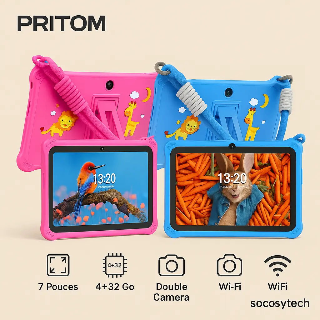 Tablette enfant Android 7 pouces PRITOM K7 avec coque antichoc renforcée, lanière de transport sécurisée, écran IPS, WiFi et double caméra – version rose et bleue – Socosytech