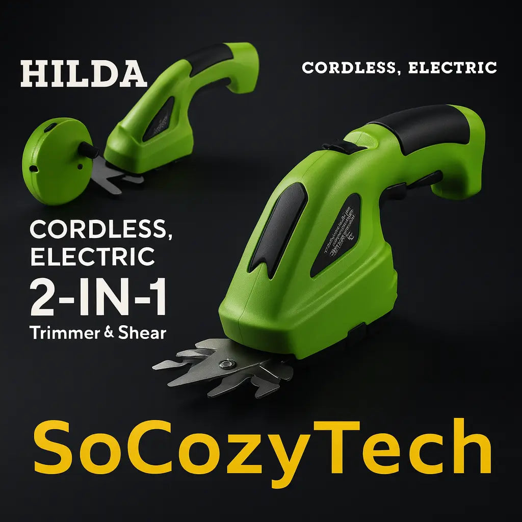 Taille-haies et coupe-gazon 2-en-1 HILDA – outil électrique léger avec lames interchangeables, version SoCozyTech