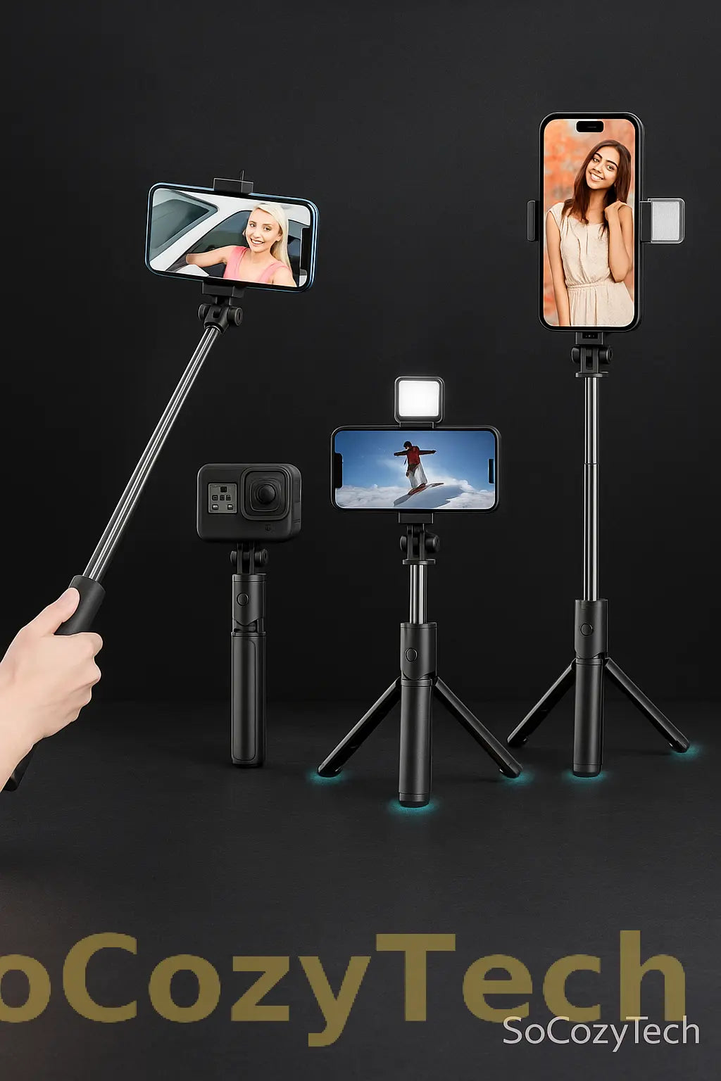 Trépied Selfie 3-en-1 Bluetooth – Télécommande + Lumière LED (Ultra-Portable) Socosytech