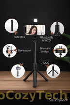 Trépied Selfie 3-en-1 Bluetooth – Télécommande + Lumière LED (Ultra-Portable) Socosytech