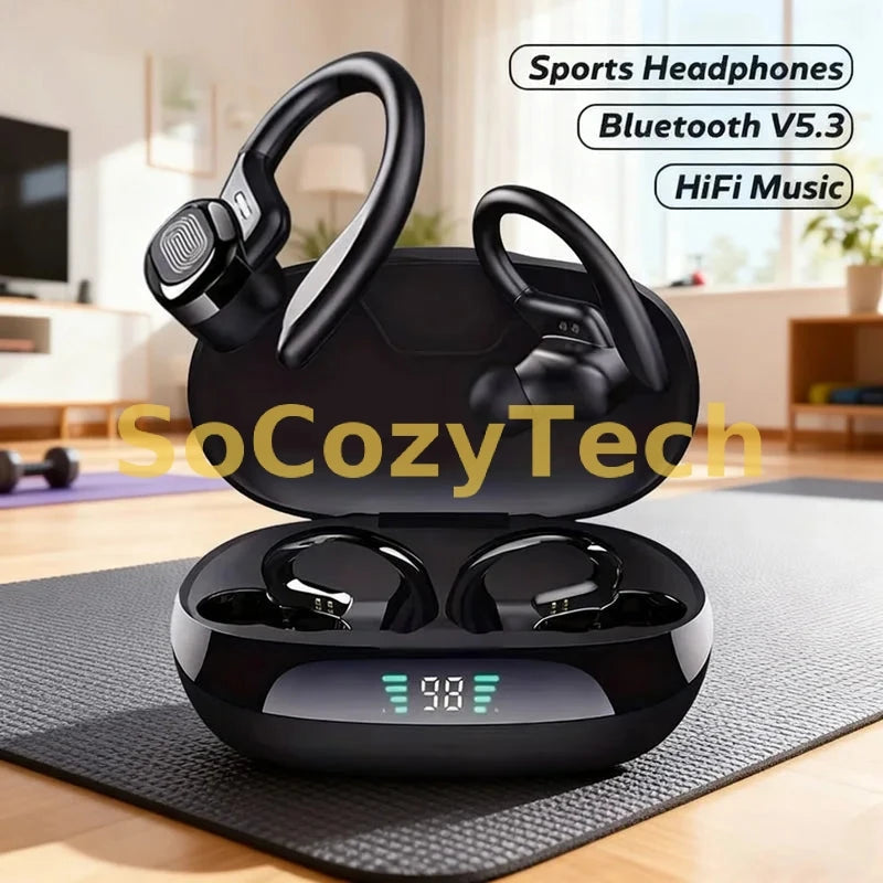 Wireless Bluetooth Earbuds with Ear Hook IPX7 Waterproof Sport Headphones Noise Cancelling Deep Bass LED Display for Running Gym Socosytech