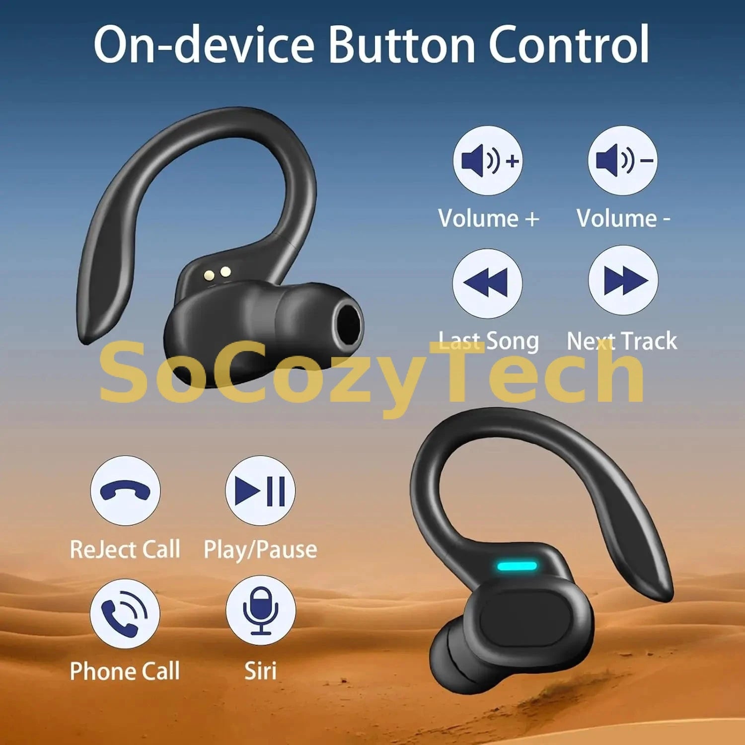 Wireless Bluetooth Earbuds with Ear Hook IPX7 Waterproof Sport Headphones Noise Cancelling Deep Bass LED Display for Running Gym Socosytech