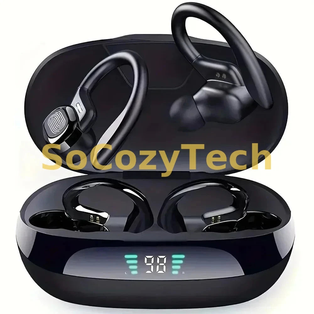 Wireless Bluetooth Earbuds with Ear Hook IPX7 Waterproof Sport Headphones Noise Cancelling Deep Bass LED Display for Running Gym Socosytech
