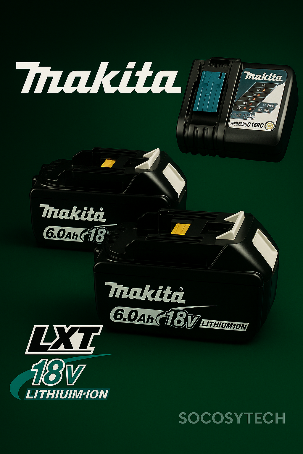 Batterie 18V 6Ah compatible Makita – visuel premium Socosytech sur fond vert sombre
