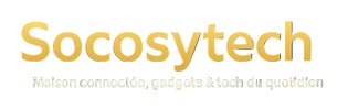 Logo Socosytech en or avec halo lumineux sur fond noir premium, accompagné du slogan Maison connectée, gadgets & tech du quotidien