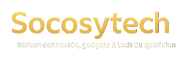 Logo Socosytech en or avec halo lumineux sur fond noir premium, accompagné du slogan Maison connectée, gadgets & tech du quotidien