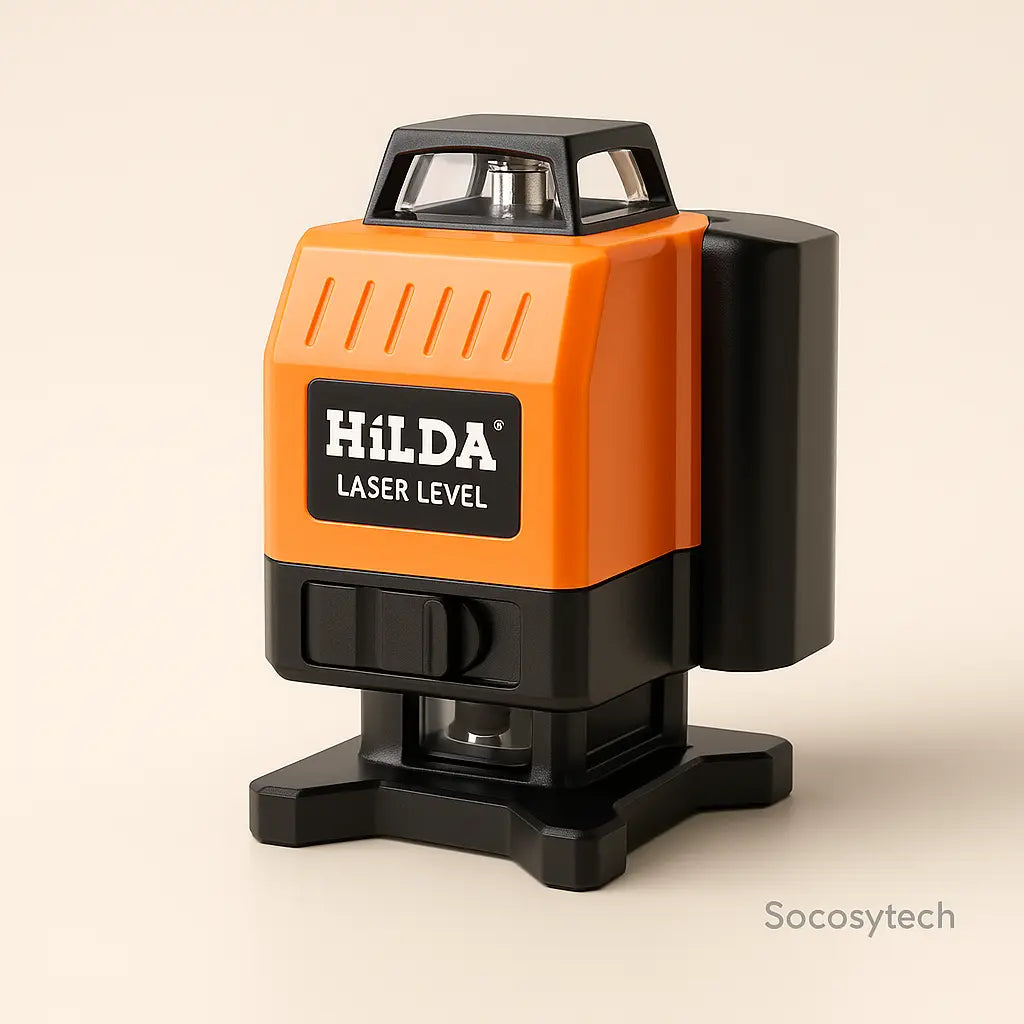 Niveau laser HILDA orange – packshot professionnel sur fond beige premium avec watermark Socosytech, outil de nivellement 360° haute précision