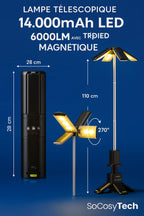 Lampe télescopique 14000mAh 6000LM avec trépied magnétique – éclairage extérieur SoCozyTech