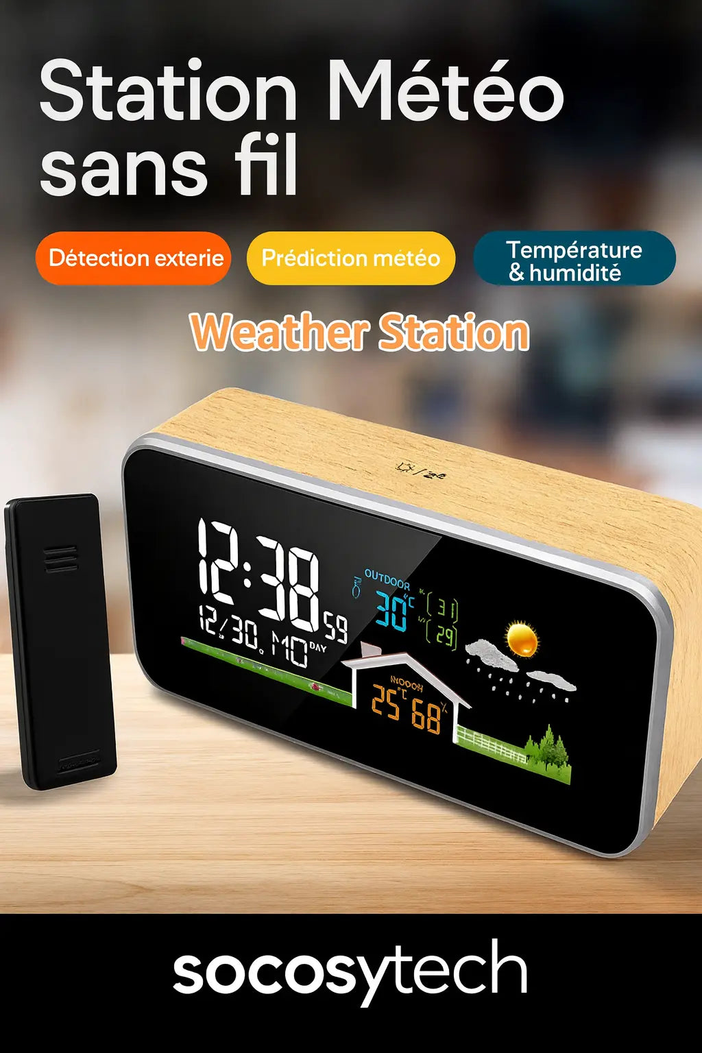 Station Météo LCD Bois – Thermomètre & Hygromètre LED TELEHILL - Socosytech
