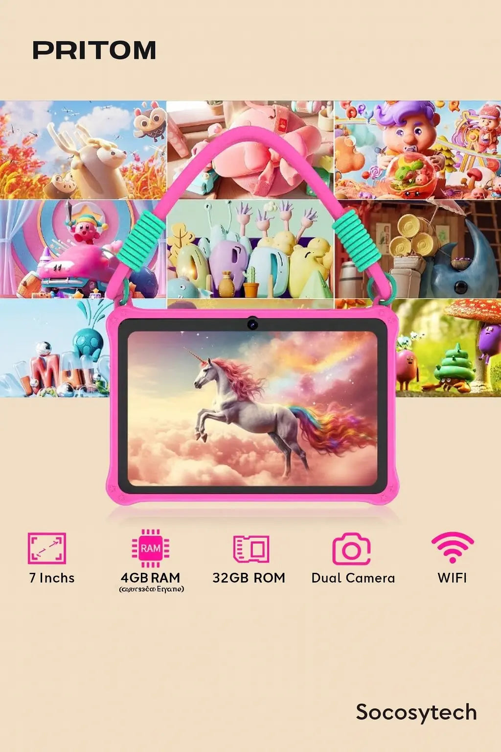 Tablette Enfant Android 7″ PRITOM K7 – Éducative, Coque Antichoc & WiFi Socosytech