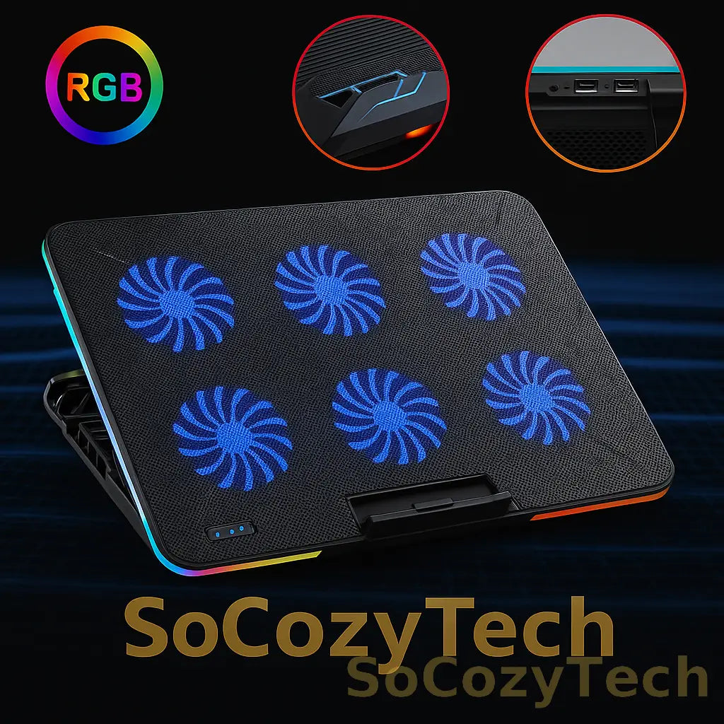 Refroidisseur PC Portable 6 Ventilateurs – Support Ergonomique RGB Socosytech