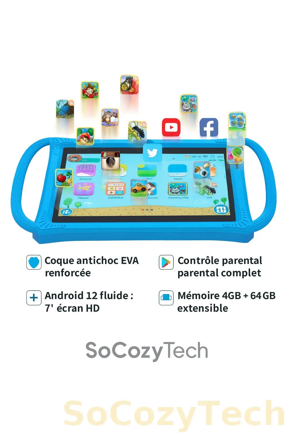 Tablette Enfant 7" Android 12 – RAM 4GB + 64GB – Coque Antichoc – Contrôle Parental & WiFi Socosytech