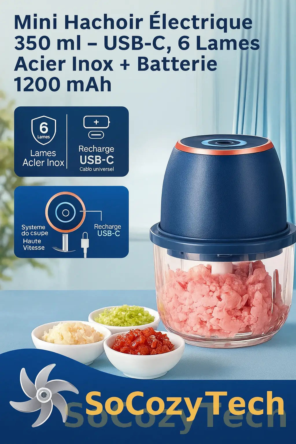 Mini Hachoir Électrique 350 ml – USB-C, 6 Lames Acier Inox + Batterie 1200 mAh Socosytech