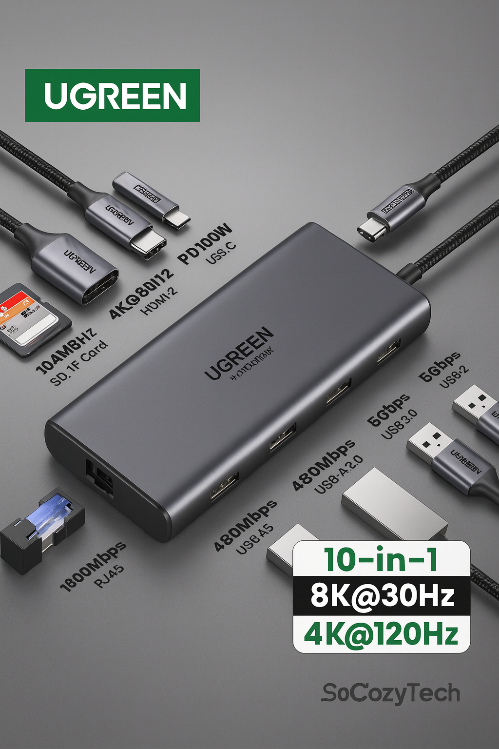 UGREEN Hub USB-C 5–13-en-1 – HDMI 8K / RJ45 10Gbps / USB 3.0 / PD 100W