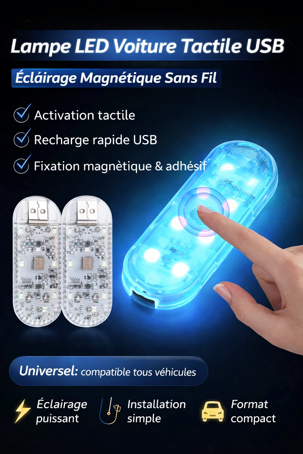 Lampe LED Voiture Tactile USB – Éclairage Intérieur Magnétique Sans Fil | Universel
