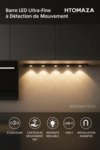 Barre LED Ultra-Fine à Détection de Mouvement–3 Couleurs & Recharge USB (Htomaza) - Socosytech