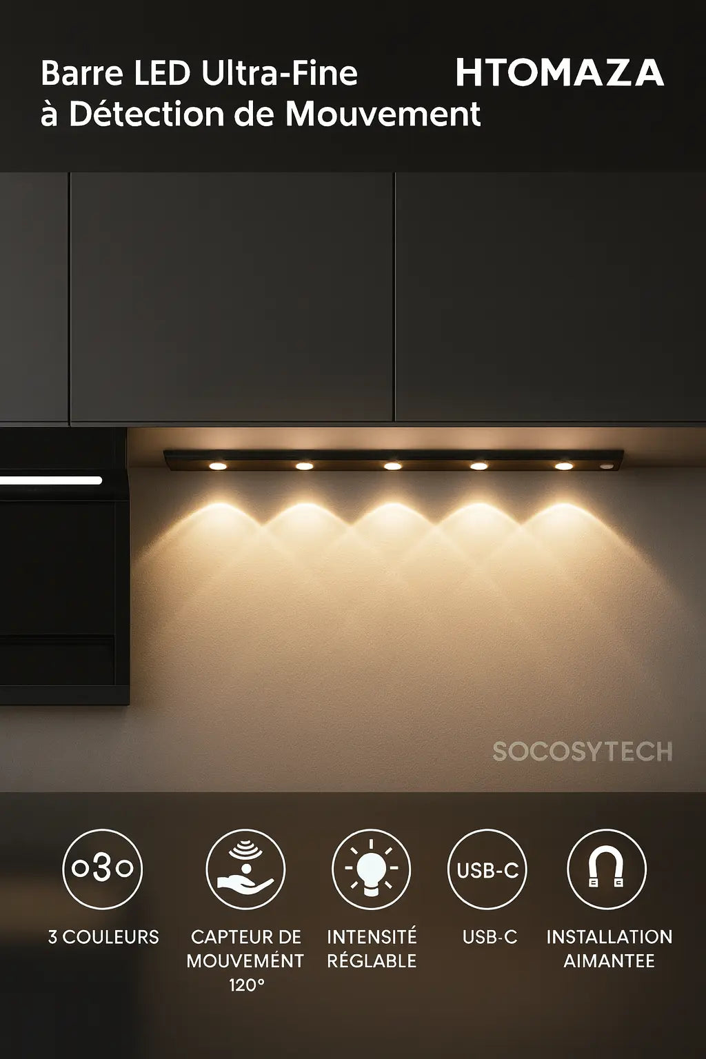 Barre LED Ultra-Fine à Détection de Mouvement–3 Couleurs & Recharge USB (Htomaza) - Socosytech