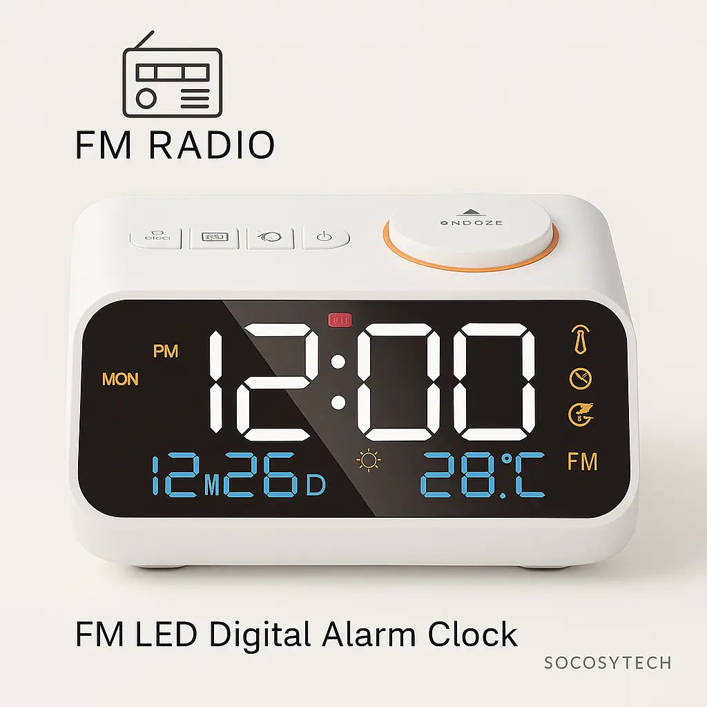 Réveil Radio FM LED NEIMZ – Double Alarme, Température, Humidité, Calendrier - Socosytech
