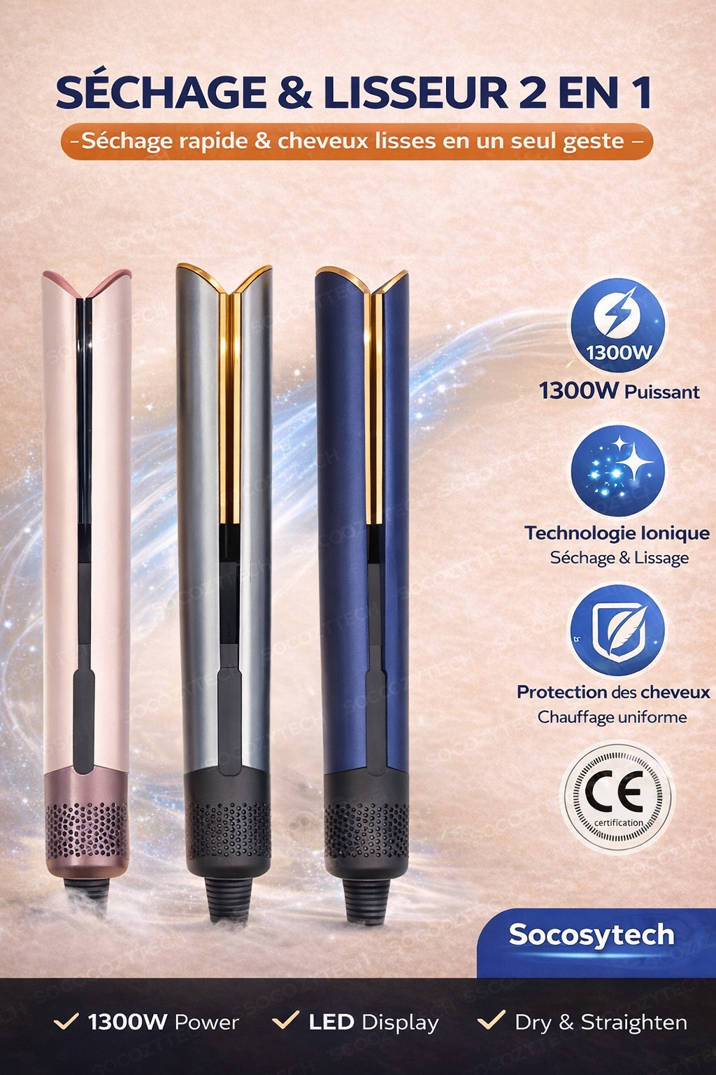 Lisseur & Sèche-cheveux 2-en-1 Ionique Professionnel – Écran LED | Socosytech