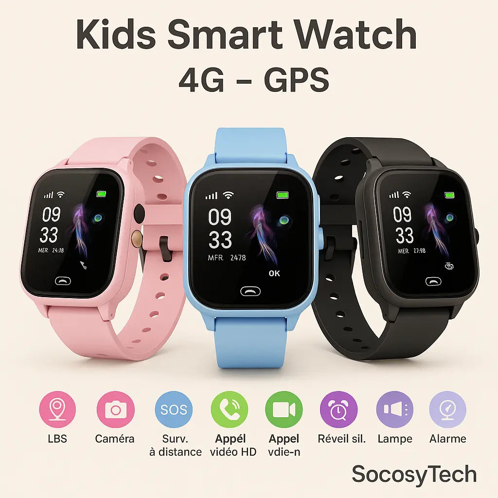 Montre Connectée Enfant 4G avec GPS & Appel Vidéo–Sécurité & Localisation en Temps Réel Socosytech