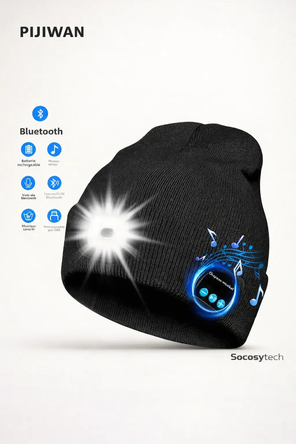 Bonnet Bluetooth LED avec Casque Intégré – Musique Sans Fil & Éclairage | PIJIWAN Socosytech