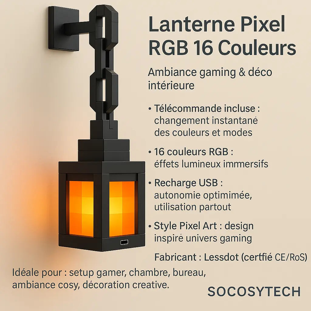 Lanterne Pixel RGB 16 Couleurs – Veilleuse Gaming USB Rechargeable (Lessdot) - Socosytech