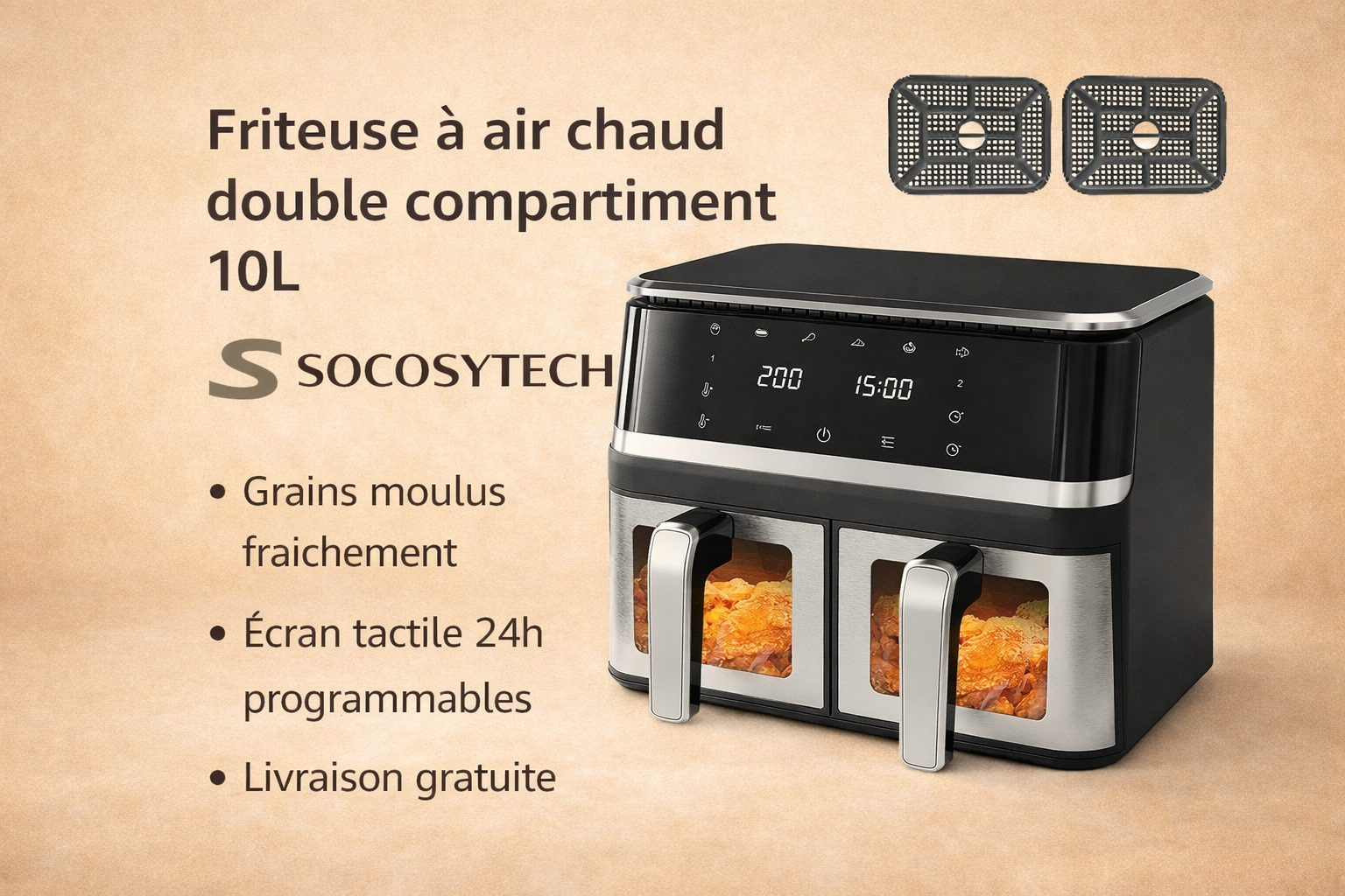 Friteuse à Air Chaud Double Compartiment 10L – Écran Tactile 2000W – Socosytech