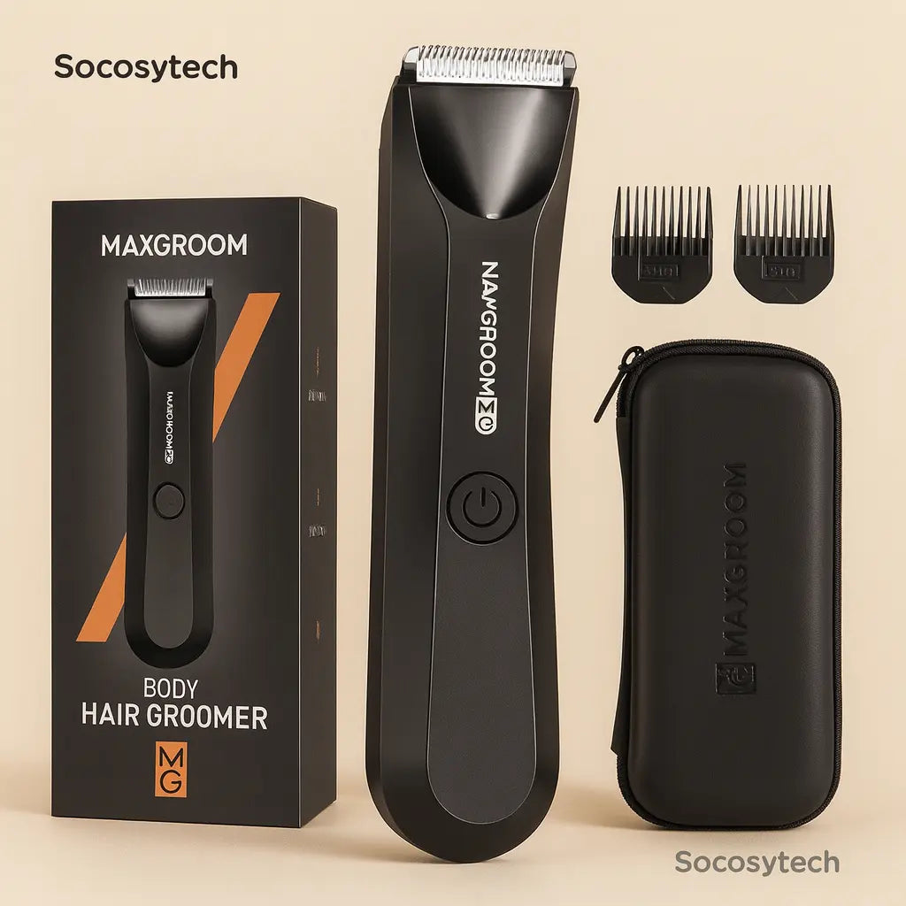 Tondeuse Corps Homme MAXGROOM – Lames Céramique SkinSafe, Étanche IPX7, USB-C Socosytech