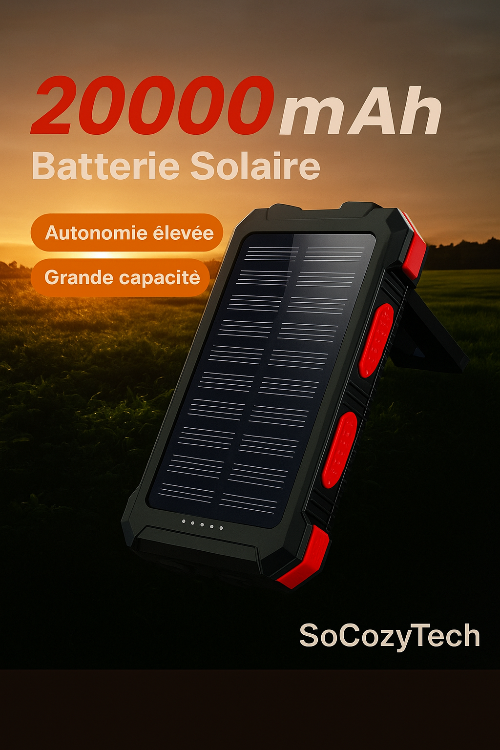 Batterie Solaire 20000mAh – Powerbank Étanche avec Boussole & Double USB